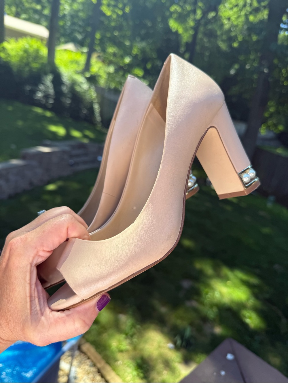Karl Lagerfeld Paris Nude Beige Open Toe Gold Leather Pearl Block Heels - 8 8M